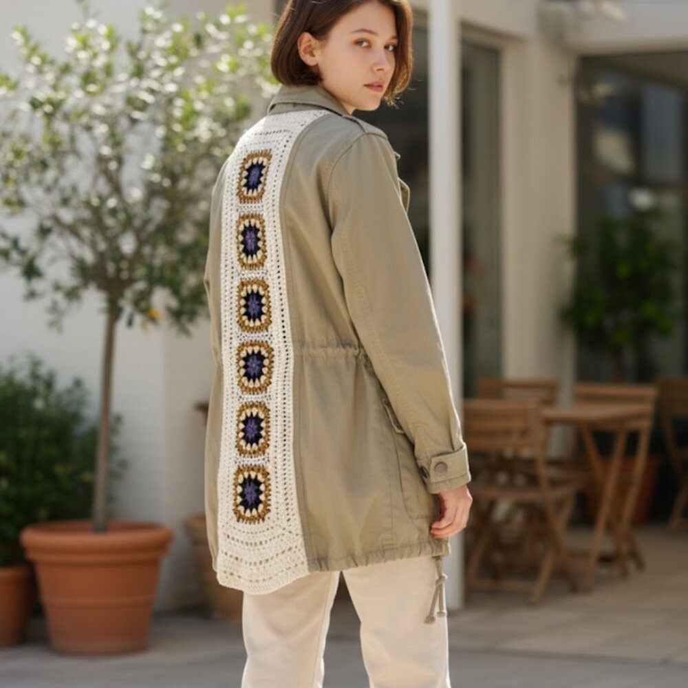 Blu Pepper Olive Green Utility Jacket with Cream Crochet and Navy Accents